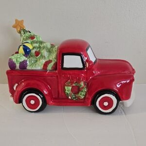 Festive Red Ceramic Truck with Christmas Tree